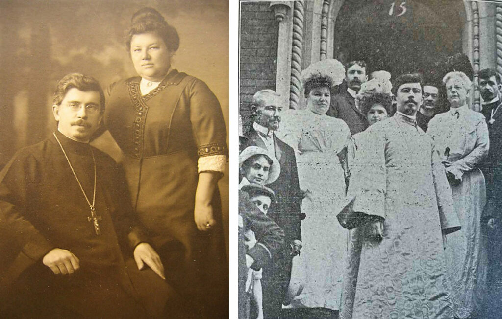 Слева – протоиерей Александр Хотовицкий с матушкой Марией. Справа – проводы С.Ю. Витте из церковного дома в Нью-Йорке