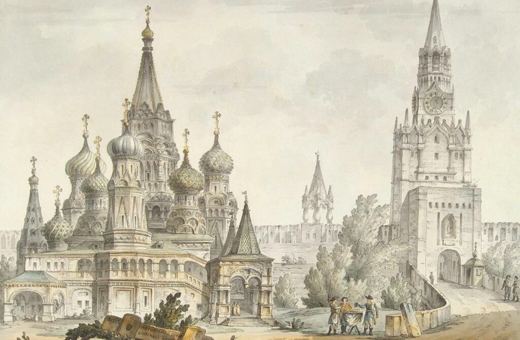 Акварель. «Покровский собор и Спасская башня Кремля». Джакомо Кваренги, 1797