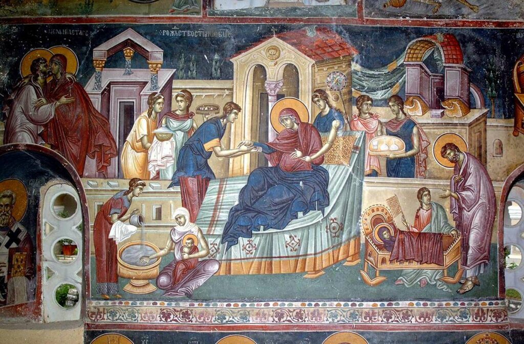 Рождество Пресвятой Богородицы. Фреска церкви Свв. Иоакима и Анны в Студенице, Сербия. 1314 год