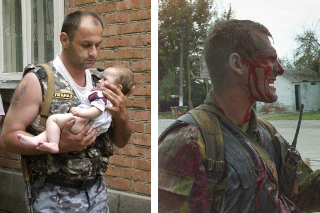 Слева – 2 сентября. Спецназовец выносит 6-месячного ребенка. Справа – 3 сентября. Раненый спецназовец