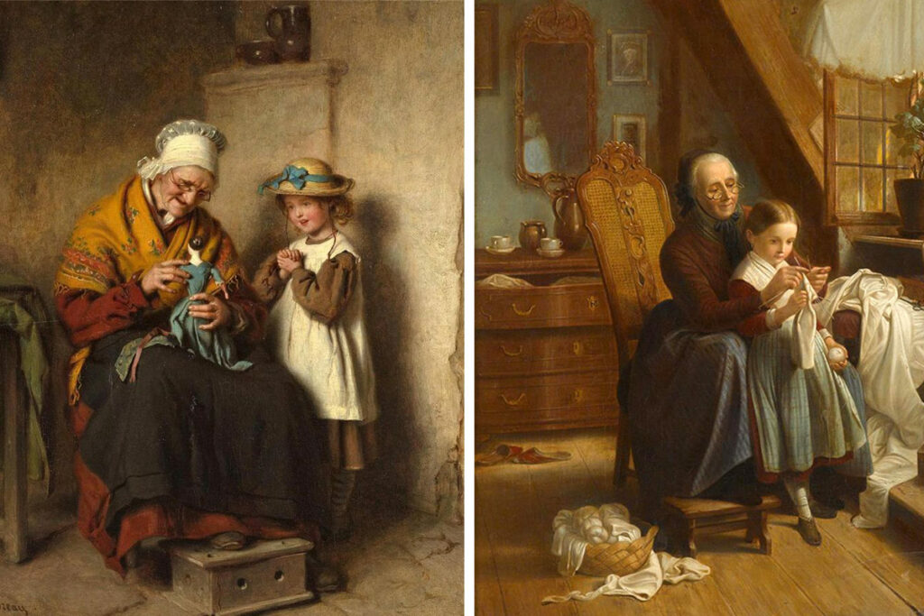 Слева – «Кукла». Шарль Моро, 1863. Справа – «Бабушка с внучкой». Иоганн Георг Мейер, сер. XIX века