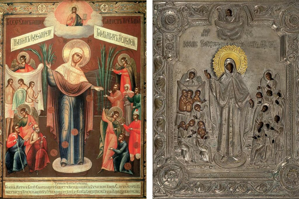 Иконы Божией Матери «Всех скорбящих Радость». Слева – 1688 г., справа – в ризе 18 века, новое письмо на старой доске