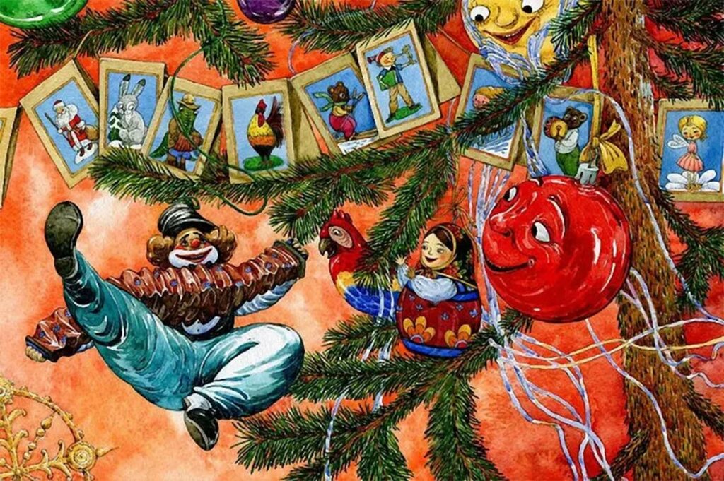 Иллюстрация Л. Пипченко к книге Е. Ракитной «Приключения новогодних игрушек»