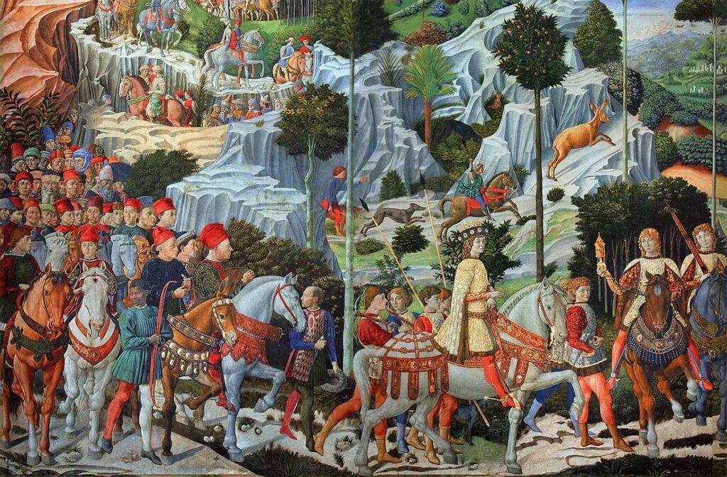 Фрагмент с шествием волхвов. Капелла волхвов. Беноццо Гоццоли, 1459