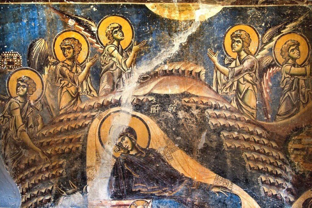 ождество Христово. Фреска церкви Святого Георгия в Курбиново, Македония, XII век