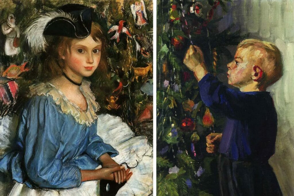 Слева – «Катя в голубом у елки», З.Е. Серебрякова, 1922 г. Справа – «Новый год», Е.Н. Ткаченко, 1959 г.
