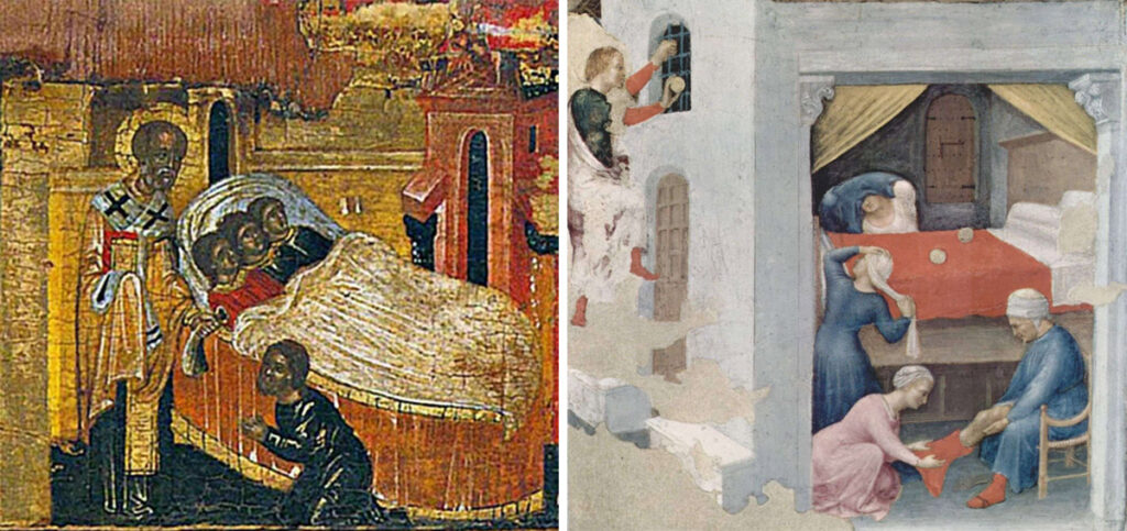 Слева – клеймо со сценой из жития святого. Справа – «Приданое для трех девиц», Джентиле да Фабриано, ок. 1425