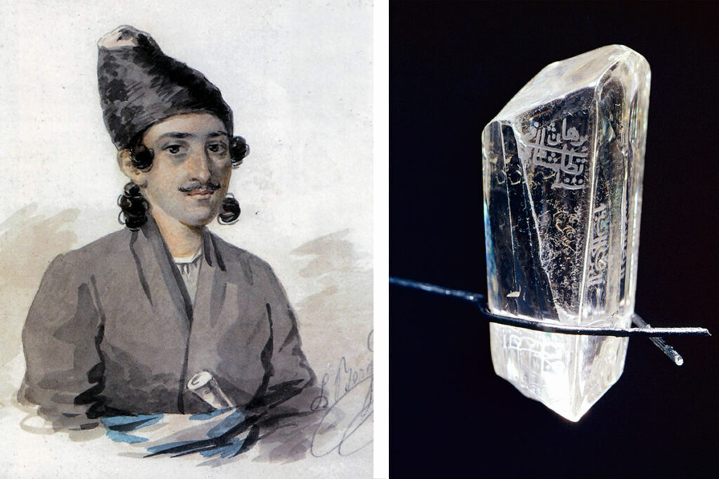 Слева – портрет Хозрева-Мирзы. Персидский принц, внук иранского шаха, привезший алмаз в Россию. Филипп Берже, 1829 г.,. Справа – алмаз «Шах»
