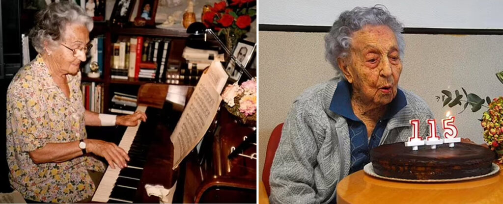 Мария Браньяс в 1994 году в возрасте 87 лет играет на пианино и задувает свечи на 115 юбилей