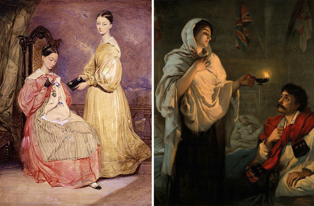 Слева – Флоренс и Парфенона Найтингейл. Художник: Уильям Уайт Уоррен, 1836. Национальная портретная галерея. Справа – Леди с лампой. Мисс Найтингейл в Скутари, 1854 г. Литография на основе популярной картины Генриэтты Рэй.