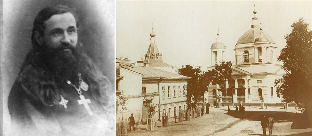 Слева – о. Александр Глаголев. Справа – храм Николы Доброго на Подол