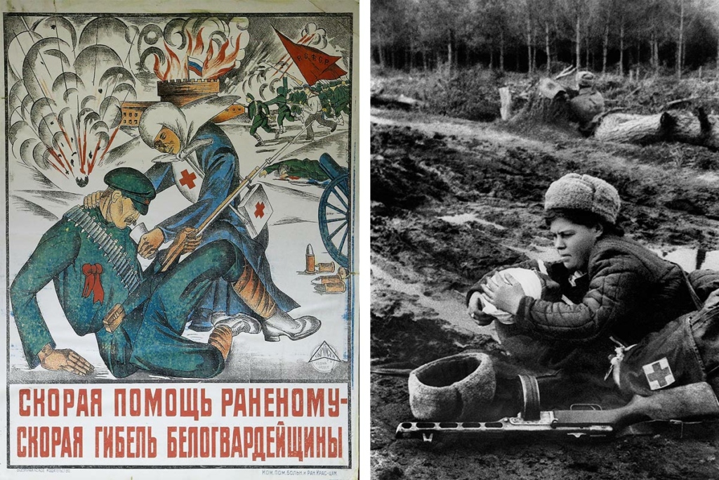 Слева – агитационный плакат «Окна сатиры РОСТА» за 1920 год «Скорая помощь раненному – скорая гибель белогвардейщины». Репродукция ТАСС. Справа – санитар 129-й стрелковой Орловской дивизии 518-го стрелкового полка старший сержант Ольга Ивановна Бороздина, перевязывающая раненого советского бойца на поле боя. Примерная дата – 1943 г. Фото: Борис Вельяшев / фотохроника ТАСС