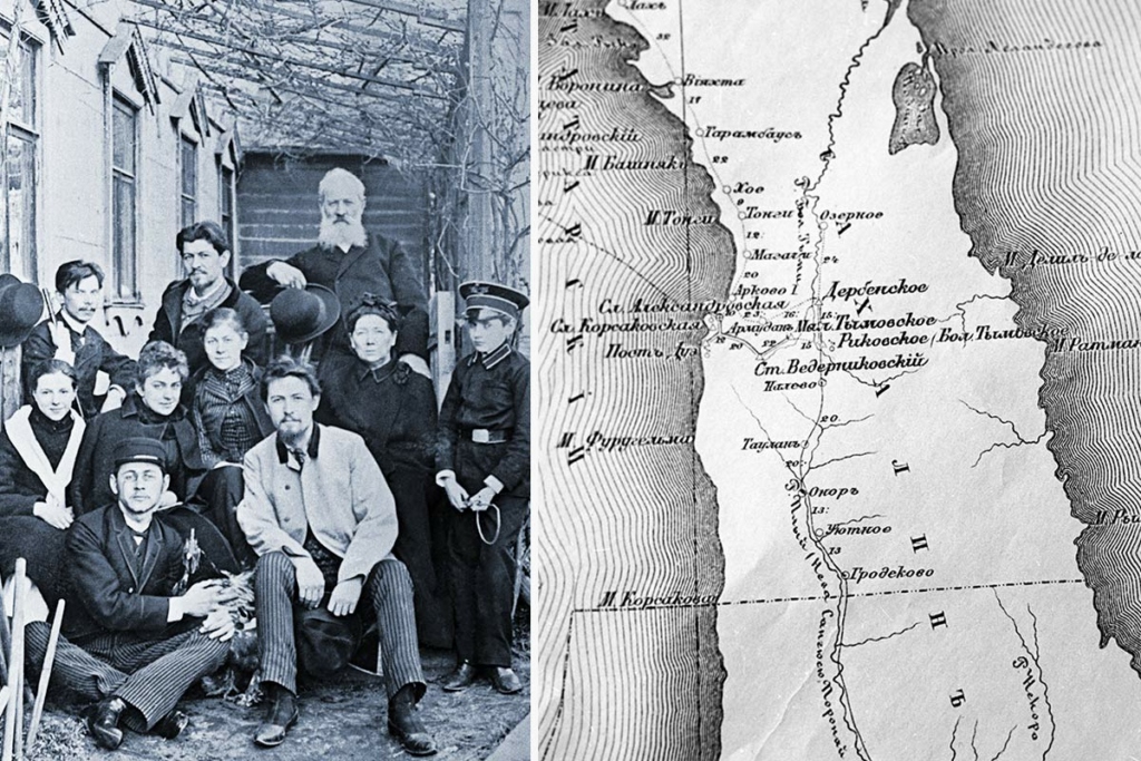 Слева – снимок 17 апреля 1890-го года. Семья А.П. Чехова и их знакомые во дворе дома № 6 на Садово-Кудринской улице в Москве. Из фондов Дома-музея А.П.Чехова в Москве / РИА Новости. Справа – фрагмент карты острова Сахалин, которой пользовался во время путешествия А.П. Чехов, фоторепродукция из собрания дома-музея писателя в Ялте. Михаил Филимонов/РИА Новости