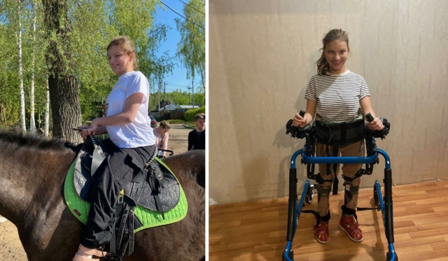 Девочка с ДЦП на лошади и в вертикализаторе