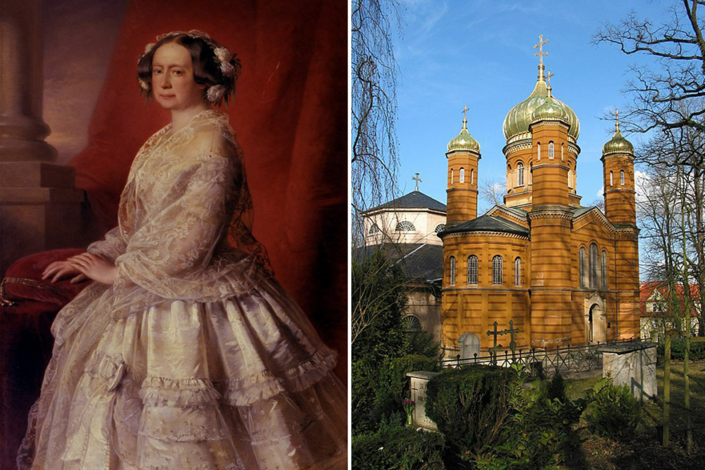 Мария Павловна в 1854 году. Художник: Рихард Лаухерт. Справа – церковь Святой равноапостольной Марии Магдалины, современный вид