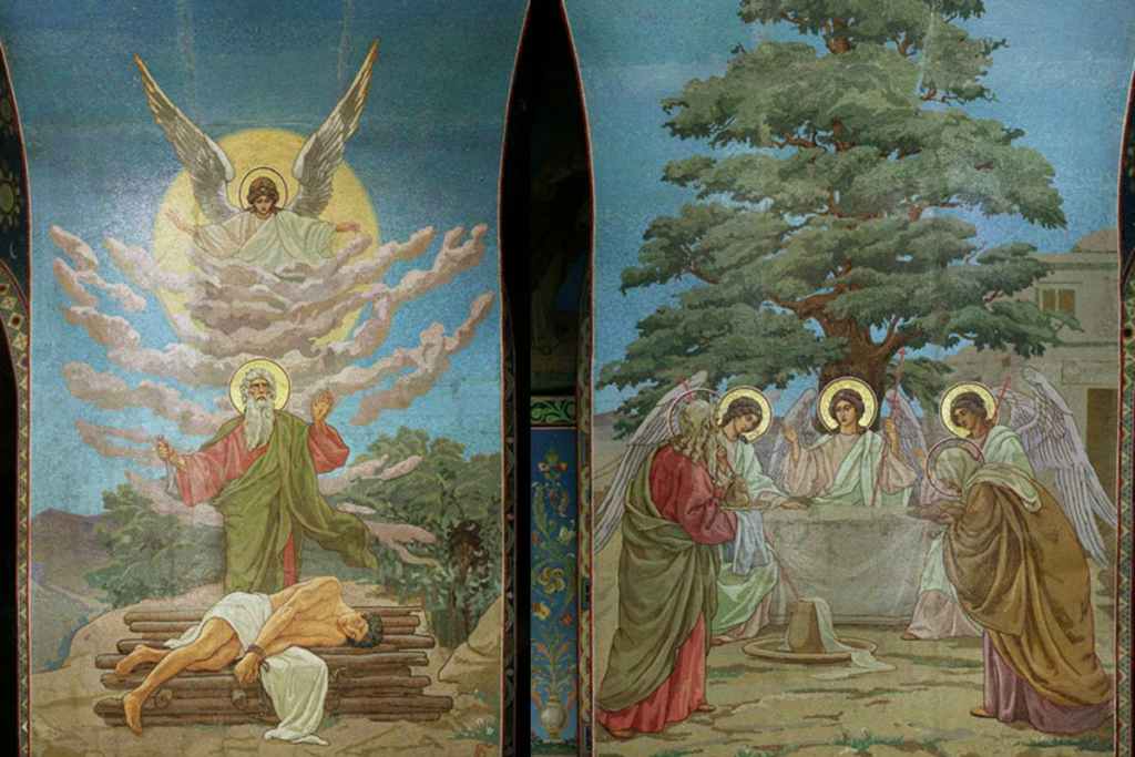 Мозаика Исаакиевского собора в Санкт-Петербурге. Слева – «Яко царствие Твое» или Новозаветная Троица. Мозаика по эскизу В. В. Беляева. 1887–1900 гг. Справа – Ветхозаветная Троица. Мозаика по эскизу В. В. Беляева выполнена мастерской Фролова. 1887–1900 гг.