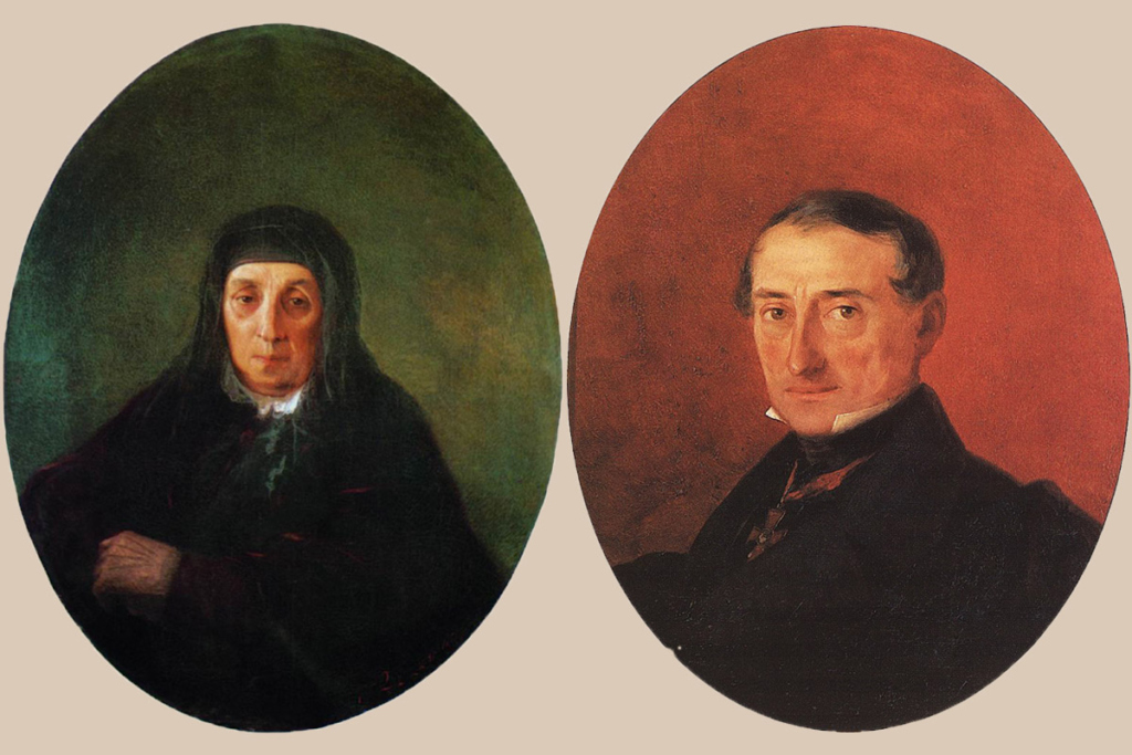 Слева – портрет Ашхен Айвазян, бабушки живописца. 1858 год. Картинная галерея имени И. К. Айвазовского, Феодосия. Справа – портрет А. И. Казначеева, И. Айвазовский, 1847 год