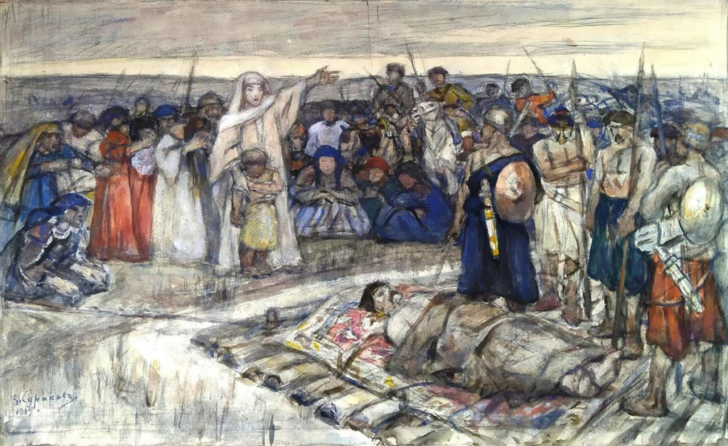 Княгиня Ольга встречает тело князя Игоря. В.И. Суриков, эскиз неосуществленной картины, 1915. Русский музей
