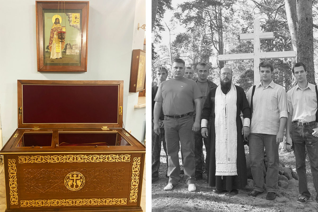 Слева – рака с мощами священномученика Николая Порецкого. Фото: из архива протоиерея Андрея Грицышина. Справа – крест на кладбище в Шенкурске в память всех жертв репрессий, установленный Константином Семеновым и местными жителями. Фото сделано после панихиды, отслуженной шенкурским священником Олегом Ягнитевым (в центре), ныне покойным. Фото: из архива протоиерея Андрея Грицышина