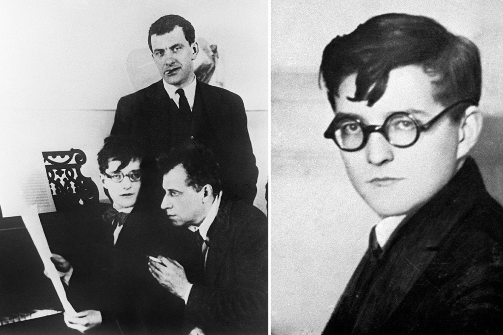 Композитор Дмитрий Дмитриевич Шостакович, актер и режиссер Всеволод Эмильевич Мейерхольд (слева направо сидят) и поэт Владимир Владимирович Маяковский. Фотография 1929 года. Справа – Дмитрий Дмитриевич Шостакович в 19 лет, фотография 1925 года. Фотохроника РИА Новости