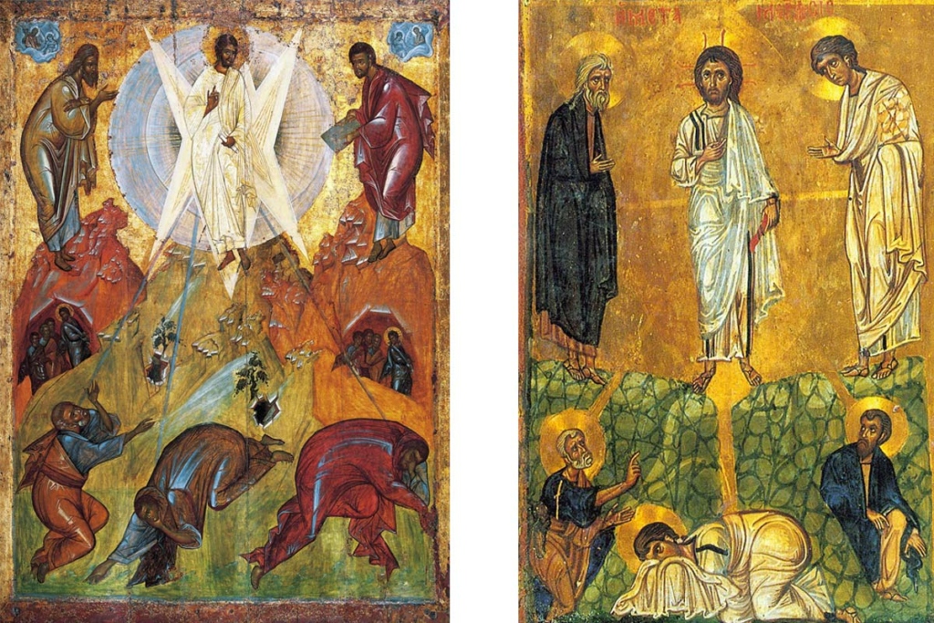 Преображение Иисуса Христа пред учениками на горе Фавор. Слева – икона, нач. XV века. Государственная Третьяковская галерея (ранее  Спасо-Преображенский собор, Переславль-Залесский). Справа – икона XIII века. Монастырь св. Екатерины, Синай