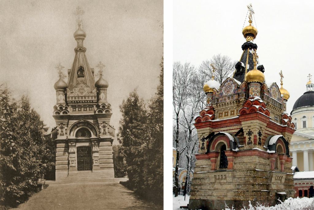 Фамильная часовня-усыпальница Паскевичей. Слева – начало XX века. Справа – современный вид