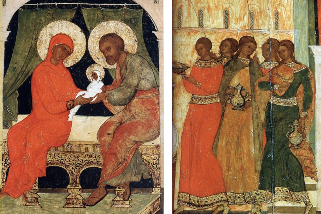 Слева – икона Рождество Пресвятой Богородицы. Ласкание Марии. XVI в., музей им. Андрея Рублева. Справа – фрагмент иконы Рождество Пресвятой Богородицы. Принесение даров. XVI в., музей им. Андрея Рублева