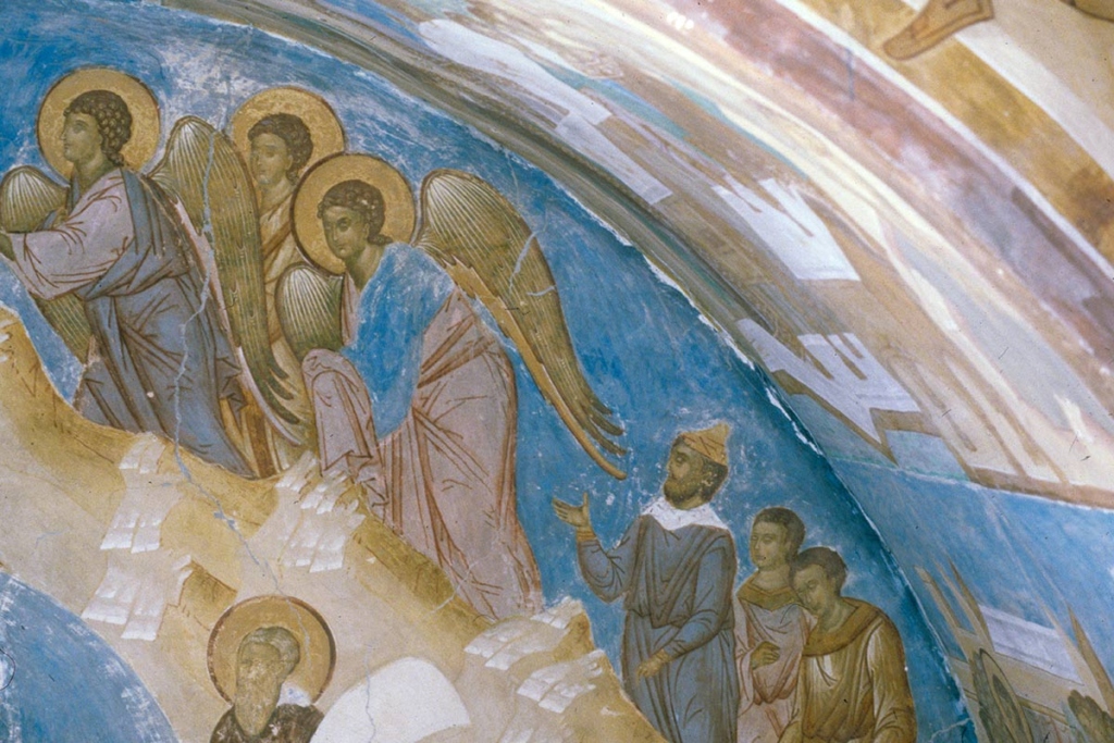 Фреска русского иконописца Дионисия «Ангелы» – фрагмент композиции «Собор Пресвятой Богородицы» из собора Рождества Богородицы в Ферапонтовом Белозерском монастыре.