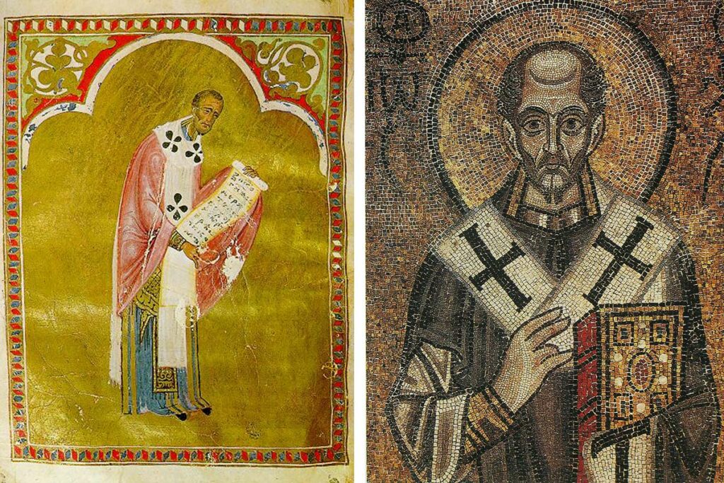 Иоанн Златоуст, епископ Константинопольский. Слева – миниатюра из рукописи XIII века. Государственный исторический музей, Москва. Справа – мозаика Софийского собора в Киеве (XI век)