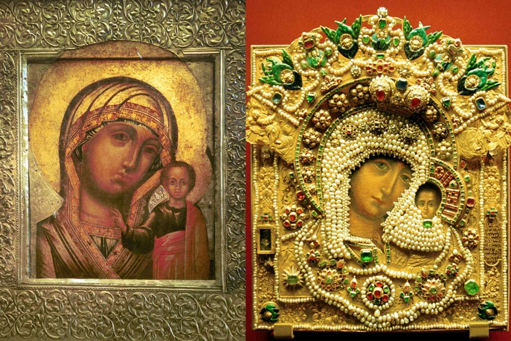 Слева –  икона «Богоматерь Казанская», XVIII век. Справа – икона XVII века. Выставка «Христианские реликвии в Московском Кремле»