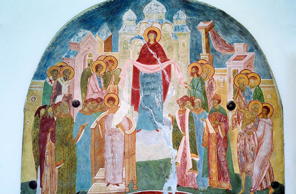 Фреска "Покров" (копия). Выставка "Дионисий, живописец пресловущий" в Государственной Третьяковской галерее (ГТГ) в Москве. Экспозиция посвящена 500-летию создания росписей собора Рождества Богородицы в Ферапонтовом монастыре.