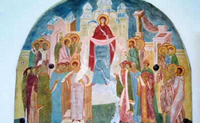 Фреска "Покров" (копия). Выставка "Дионисий, живописец пресловущий" в Государственной Третьяковской галерее (ГТГ) в Москве. Экспозиция посвящена 500-летию создания росписей собора Рождества Богородицы в Ферапонтовом монастыре.