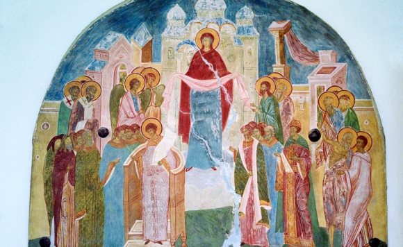 Фреска "Покров" (копия). Выставка "Дионисий, живописец пресловущий" в Государственной Третьяковской галерее (ГТГ) в Москве. Экспозиция посвящена 500-летию создания росписей собора Рождества Богородицы в Ферапонтовом монастыре.