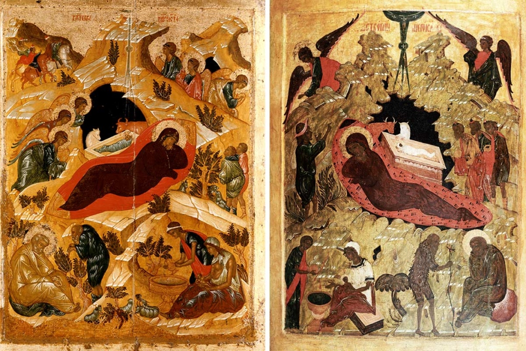 Иконы «Рождество Христово». Слева – первая четверь XV века. Школа Андрея Рублева. Происходит из Рождественской церкви Рождественской слободы в Звенигороде. Государственная Третьяковская галерея. Справа – XVI век, Псков.