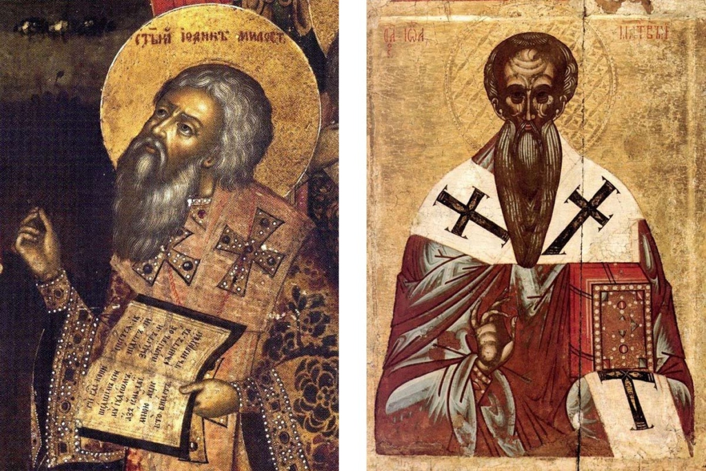 вятитель Иоанн Милостивый, Патриарх Александрийский. Русские иконы. Слева – иконописец Кирилл Уланов, конец XVII века. Справа – Новгород, начало XVI века