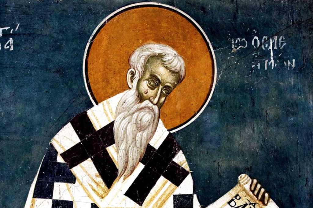 Святитель Иоанн Милостивый, Патриарх Александрийский. Фреска монастыря Святого Никиты в Чучере близ Скопье, Македония. 1320-е годы. Иконописцы: Михаил Астрапа и Евтихий