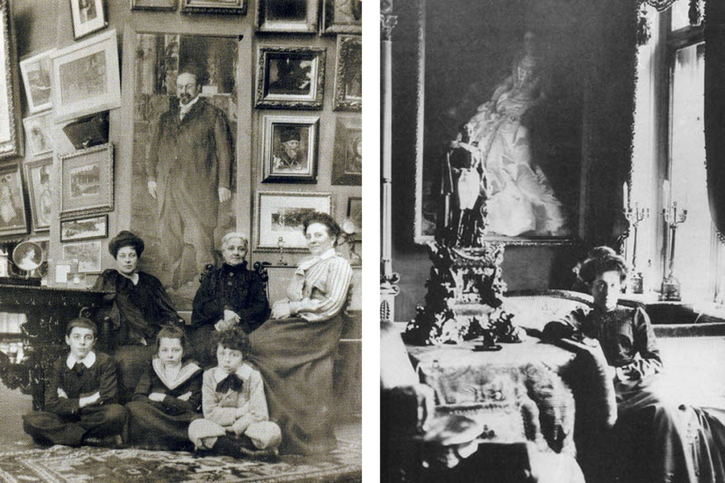 Слева – семья Маргариты Кирилловны на фоне портрета М. А. Морозова. Справа – М. К. Морозова в гостиной дома на Смоленском бульваре на фоне портрета В.А. Морозовой (свекрови Маргариты Кирилловны) работы художника К. Е. Маковского