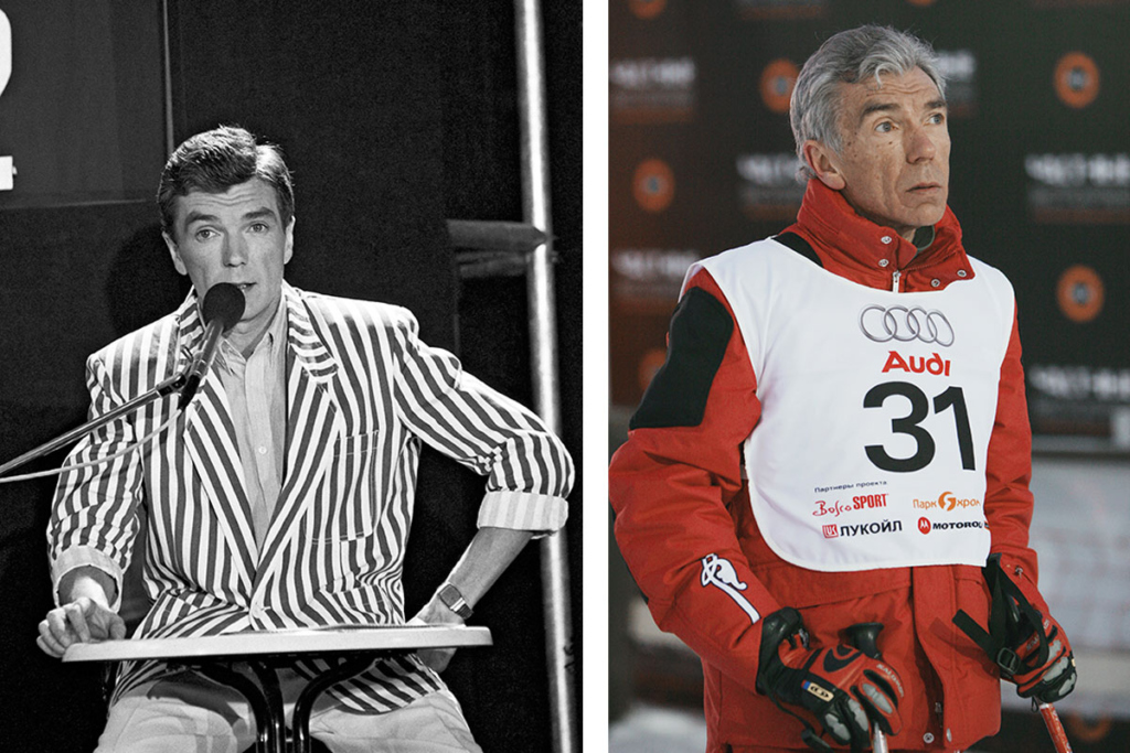 Юрий Николаев. Слева – на центральном телевидении, 03.03.1988. Фото: Александр Макаров / РИА Новости. Справа – в парке «Яхрома» во время лыжной гонки, 10.02.2008. Фото: Екатерина Чеснокова / РИА Новости