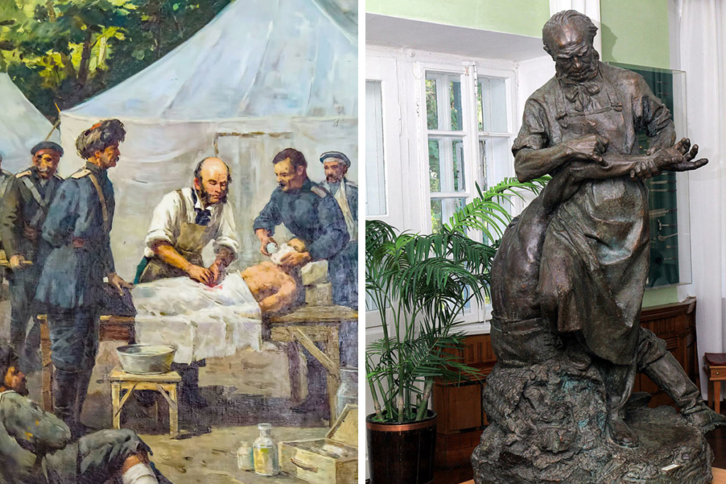 Слева – «Н. И. Пирогов оперирует раненого под эфирным наркозом», Аул Салта, 1847 г. А. Сидоров. Справа – Пирогов пальцем извлекает пулю. Усадьба в Виннице