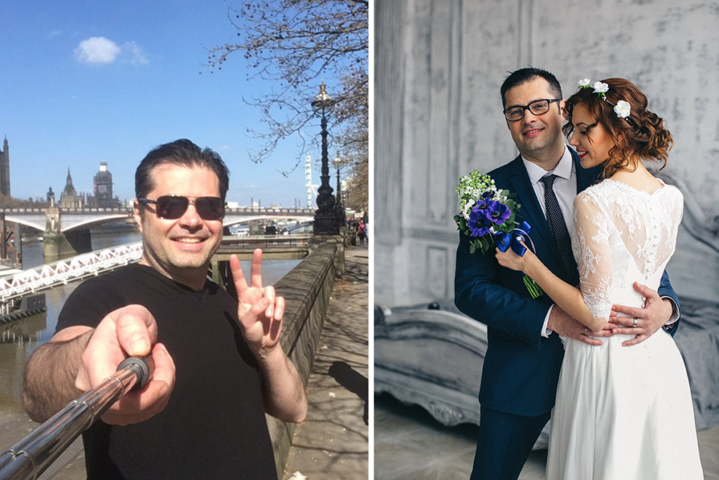 Слева – в Лондоне. Справа – свадьба