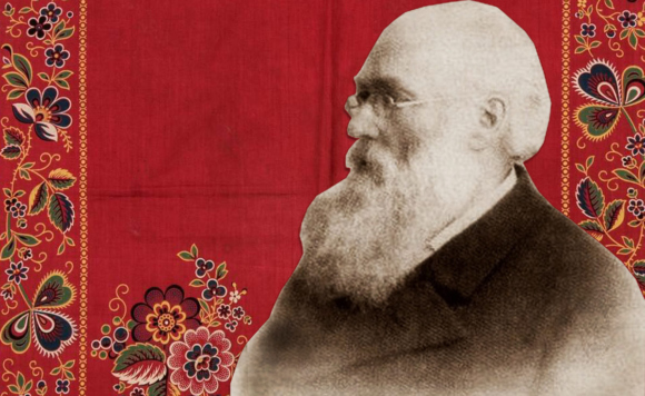 Портрет пожилого мужчины в профиль на фоне красного платка. Коллаж.