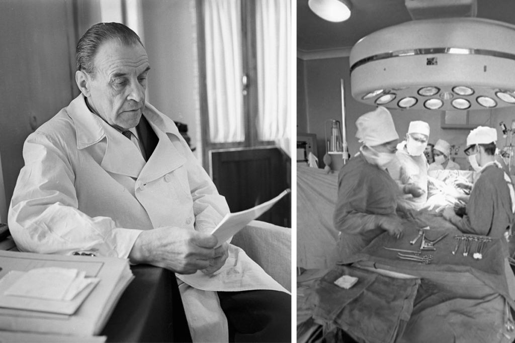 Академик Александр Николаевич Бакулев. Фото: Михаил Озерский / РИА Новости, 01.07.1965. Справа – директор Института сердечно-сосудистой хирургии им. А. Н. Бакулева (ныне Национальный медицинский исследовательский центр сердечно-сосудистой хирургии имени А. Н. Бакулева) Владимир Иванович Бураковский (второй слева) во время операции на открытом сердце