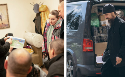 Отец Иоанн на инструктаже для добровольцев и на погрузке автомобиля перед отъездом очередной команды в Донецк. Слева фотография Евгения Рубинштейна