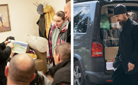 Отец Иоанн на инструктаже для добровольцев и на погрузке автомобиля перед отъездом очередной команды в Донецк. Слева фотография Евгения Рубинштейна