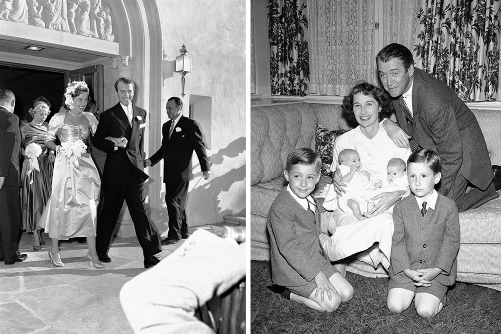 Венчание Джеймса и Глории, 09.08.1949. Фото: ASSOCIATED PRESS / TASS. Спрва – семья Джеймса Стюарта: жена Глория, сыновья и дочери-близнецы, 15.06.1951. Фото: ASSOCIATED PRESS / TASS