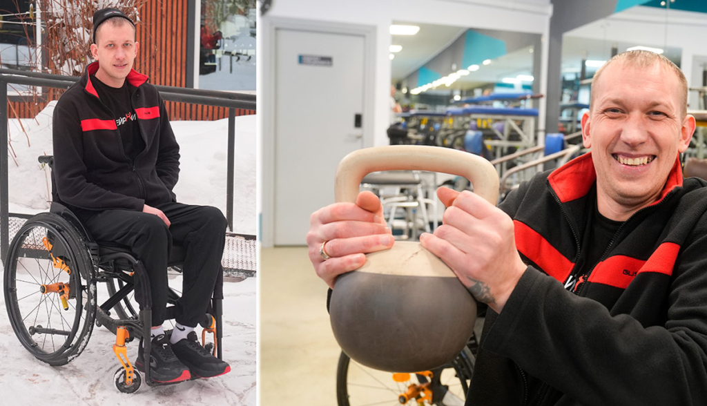 Молодой мужчина на инвалидной коляске и в спортзале 