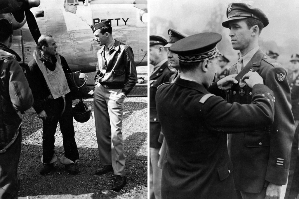 Майор Джеймс Стюарт и экипаж B-24, 1944 г. Справа – Джеймс Стюарт награждается Французским Военным Крестом, февраль 1945 г. 