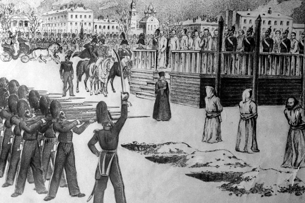 Рисунок Б. Покровского. «Инсценирование казни на Семеновском плацу. 1849»