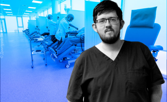 Коллаж. Портрет молодого мужчины в медицинской форме