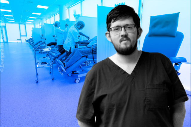 Коллаж. Портрет молодого мужчины в медицинской форме